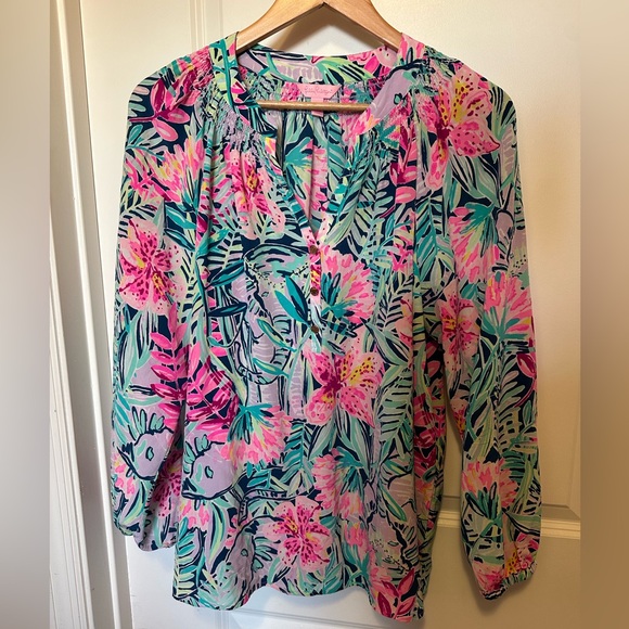 Lilly Pulitzer Tops - Lilly Pulitzer XL silk blouse. Pink and Green Floral